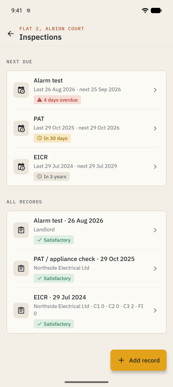Inspections screen with the next EICR, PAT and alarm test dates and a list of past records