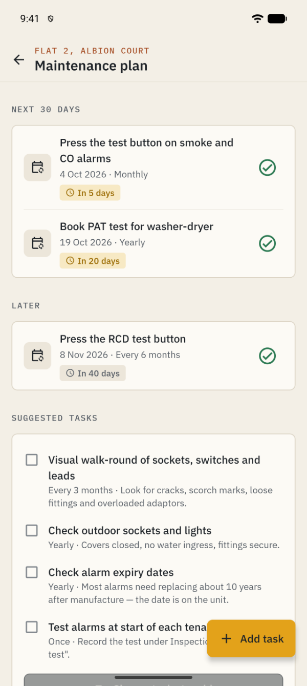 Maintenance plan with tasks due in the next 30 days and suggested routines