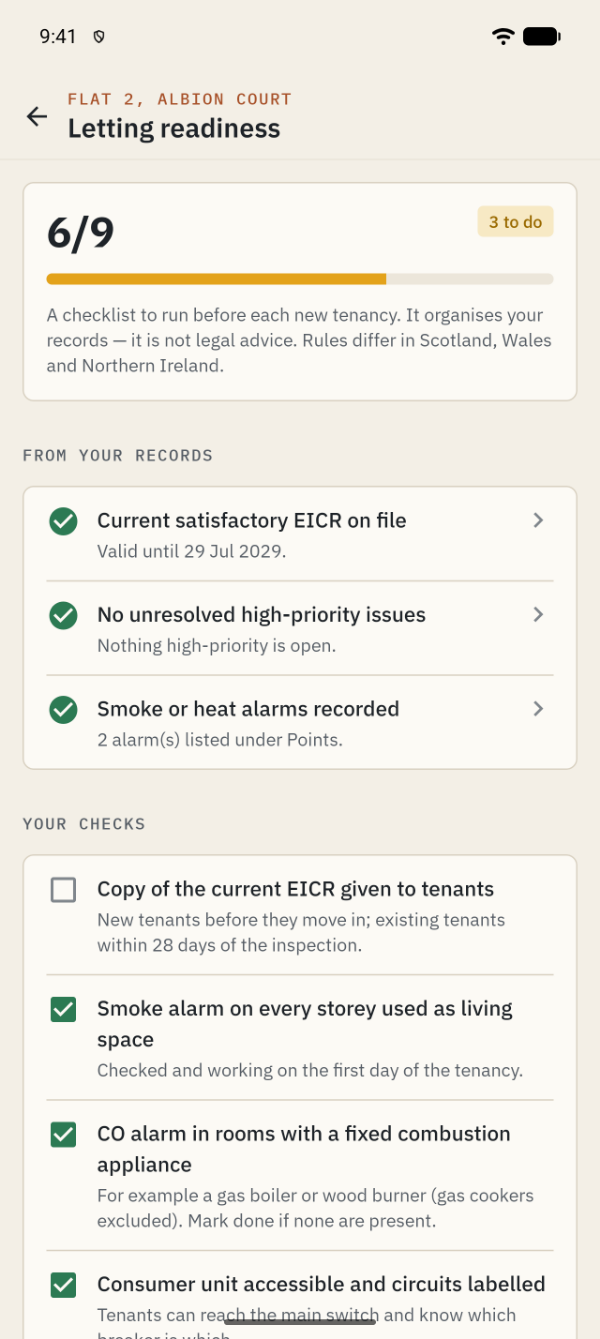 Letting readiness checklist showing 6 of 9 checks complete